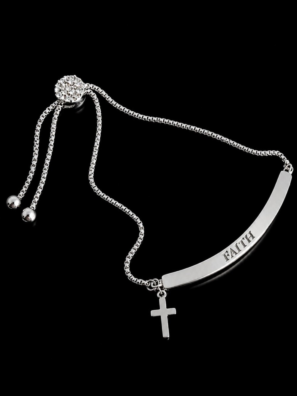 Silver Tone FAITH Christian Cross Clear Rhinestone Slide Bracelet Preloved EUC